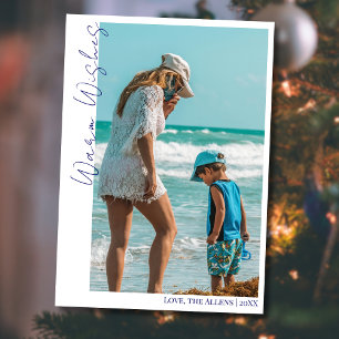Minimal Blue Warm Wishes Two Beach Family Photo  Holiday Card