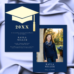 Minimal Blue & White Gold Cap Grad Announcement