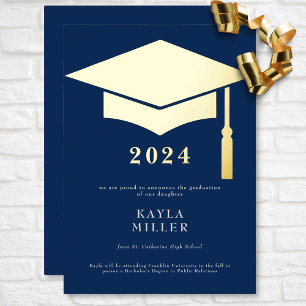 Minimal Blue & White Gold Cap Grad Announcement