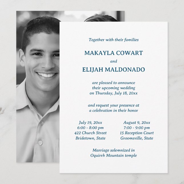 Minimal Blue/White Temple Wedding Two Reception Invitation (Front/Back)