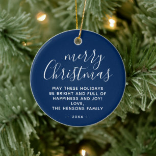 Minimal Blue White Wishes Merry Christmas Script Ceramic Tree Decoration