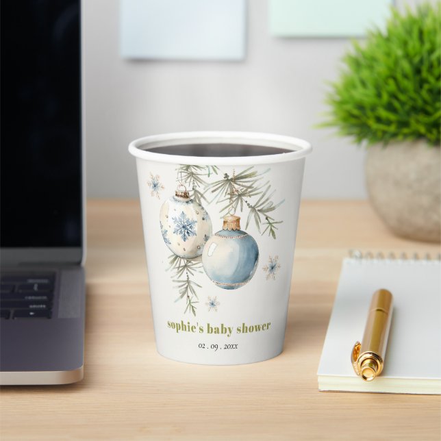 Minimal Blue Winter Chirstmas Boy Baby Shower Paper Cups (Insitu)