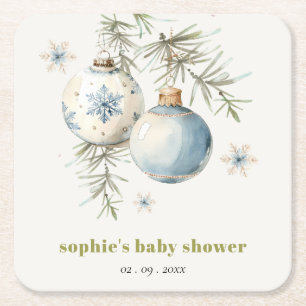 Minimal Blue Winter Chirstmas Boy Baby Shower Square Paper Coaster