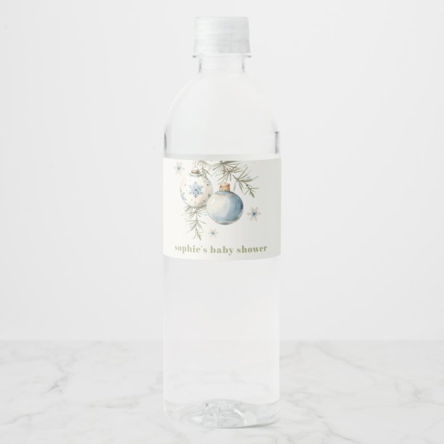 Minimal Blue Winter Chirstmas Boy Baby Shower Water Bottle Label (Front)