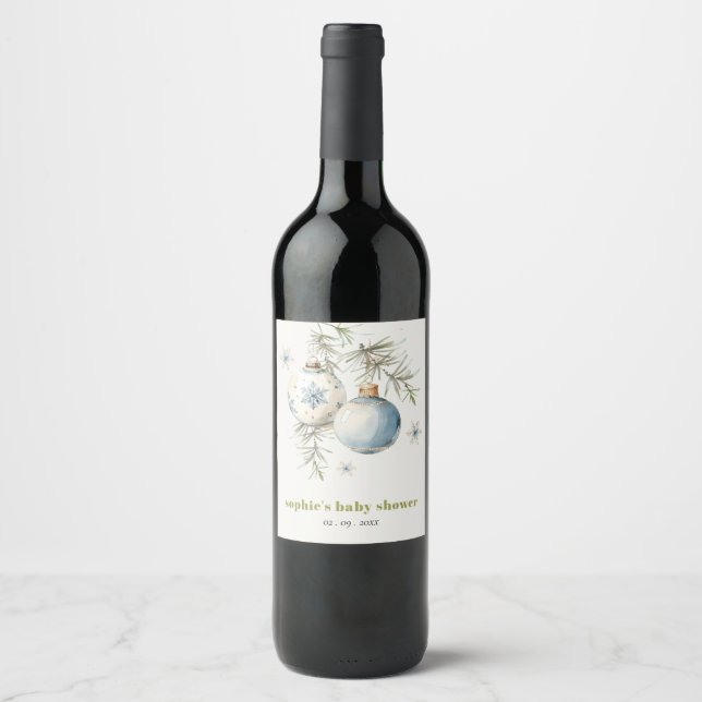 Minimal Blue Winter Chirstmas Boy Baby Shower Wine Label (Front)