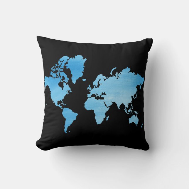 Minimal Blue World Map Watercolor Art Cushion (Front)