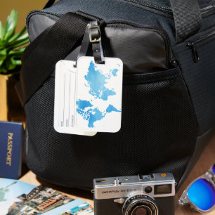 Minimal Blue World Map Watercolor Art Luggage Tag