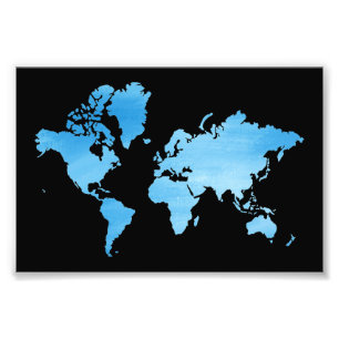 Minimal Blue World Map Watercolor Art Photo Print