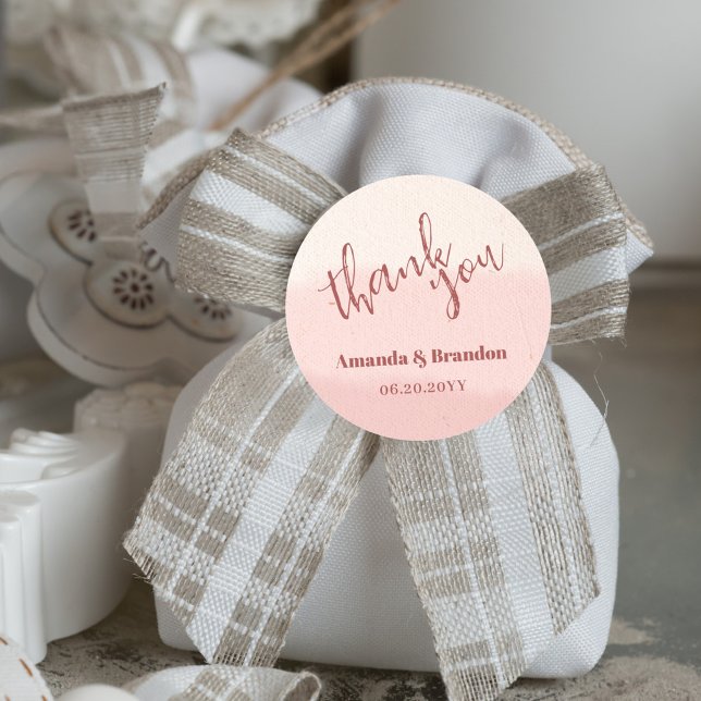 Minimal Blush Bloom Bold Script Wedding Thank You Classic Round Sticker (Creator Uploaded)