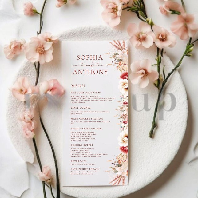 Minimal Blush Boho Floral Single Sided Wedding Men Menu (Creator Uploaded)