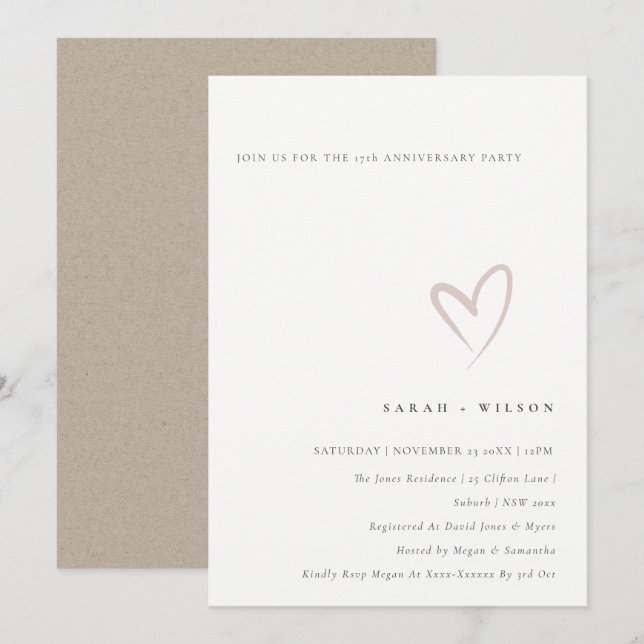 Minimal Blush Heart Any Year Anniversary Invite (Front/Back)