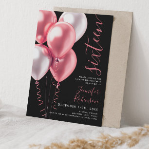 Minimal Blush Pink Balloons Sweet 16 Birthday Blac Invitation