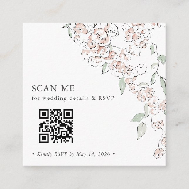 Minimal Blush Pink Floral QR Code Wedding RSVP Enclosure Card (Front)