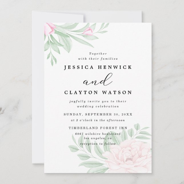 Minimal Blush Pink Rose Floral Eucalyptus Wedding Invitation (Front)
