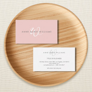 Minimal Blush Pink White Script Monogram Business Card