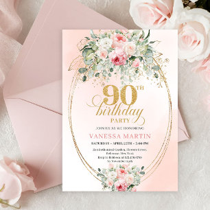 Minimal Blush Rose Gold 90th Birthday Party Invite