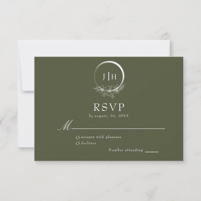 Minimal Bohemian Olive Green Wedding RSVP Card (Front)