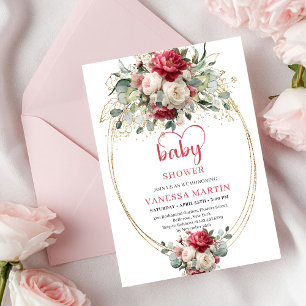 Minimal Bohemian Red White Gold Baby Shower Invitation