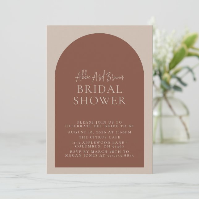 Minimal Boho Arch Script Text Bridal Shower  Invitation (Standing Front)