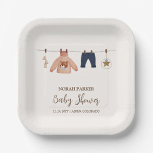 Minimal Boho Boy Winter Clothesline Baby Shower Paper Plate