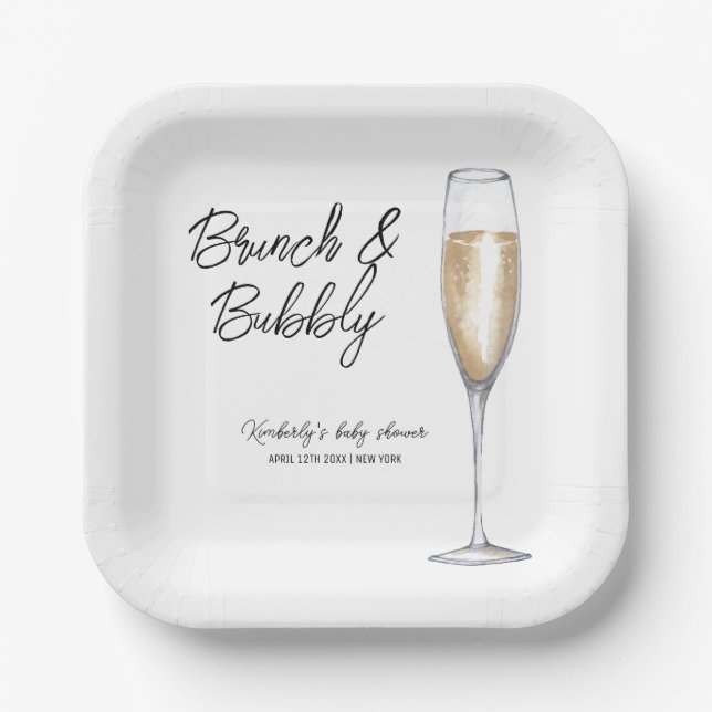Minimal Boho Champagne Brunch Bubbly Baby Shower  Paper Plate (Front)