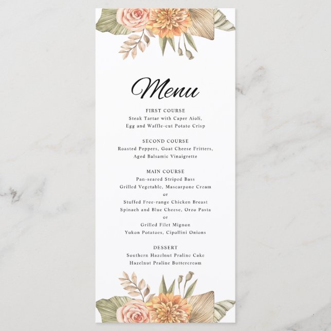 Minimal Boho Floral Wedding Wedding Menu Card (Front)
