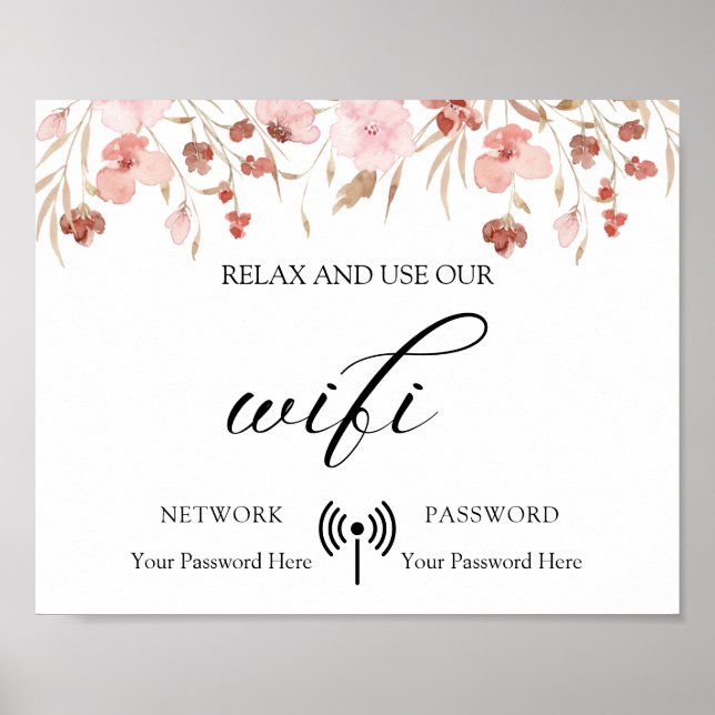 Minimal Boho Floral Wedding Wifi Poster (Front)