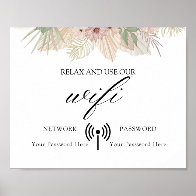Minimal Boho Floral Wedding Wifi Poster (Front)