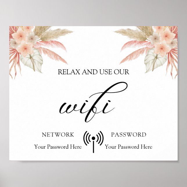 Minimal Boho Floral Wedding Wifi Poster (Front)