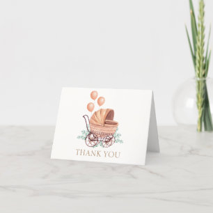 Minimal Boho Greenery Stroller Balloon Baby Shower Thank You Card