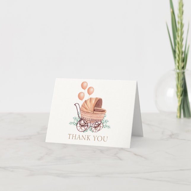 Minimal Boho Greenery Stroller Balloon Baby Shower Thank You Card (Front)