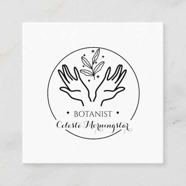Minimal Boho Hand & Leaves Botanist Logo Square Bu Square Business Card (Front)