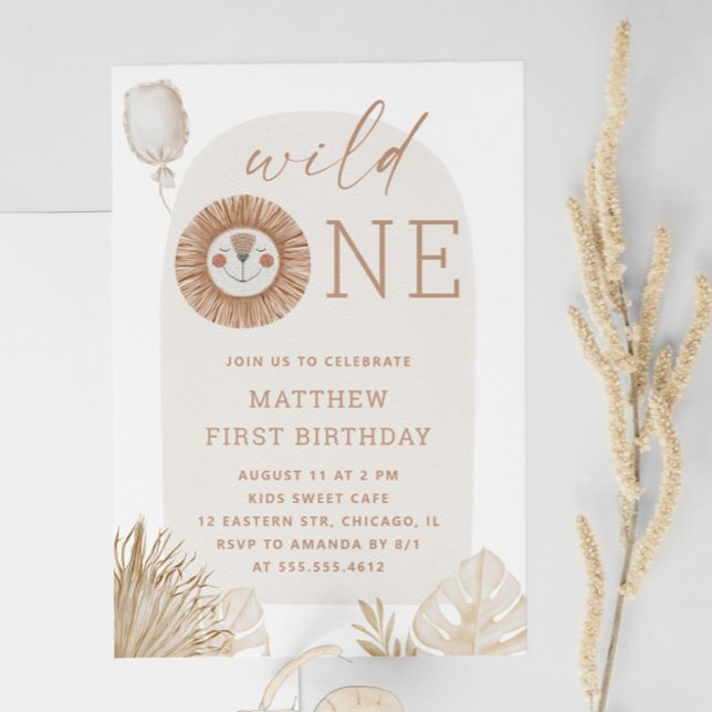 Minimal Boho Lion | Wild One 1st Birthday Party Invitation (Creator Uploaded)