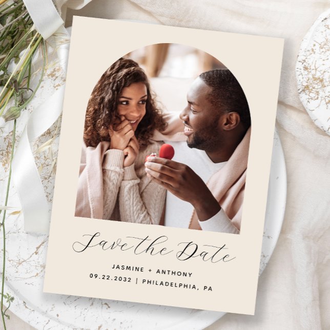 Minimal Boho Photo Arch Beige reen Save the Date Postcard (Creator Uploaded)