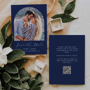 Minimal Boho Photo Arch QR Code Navy Blue Script Save The Date