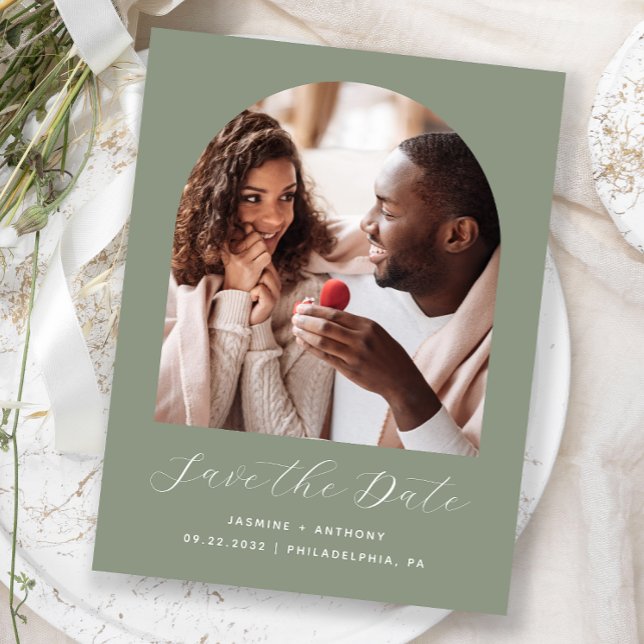 Minimal Boho Photo Arch Sage Green Save the Date Postcard (Creator Uploaded)