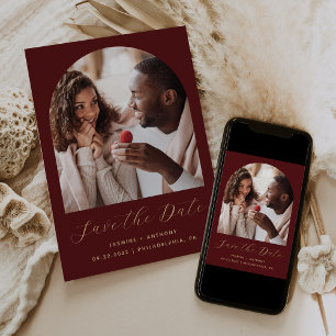 Minimal Boho Photo Arch Script Burgundy Gold Save The Date