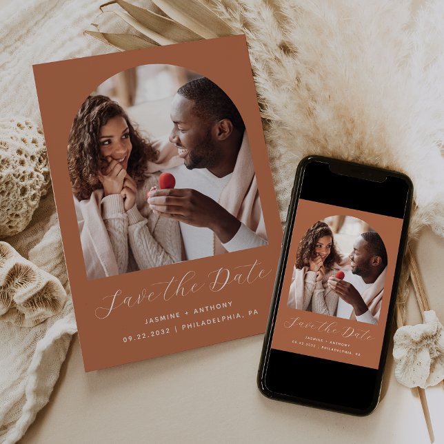 Minimal Boho Photo Arch Script Terracotta Save The Date (Creator Uploaded)