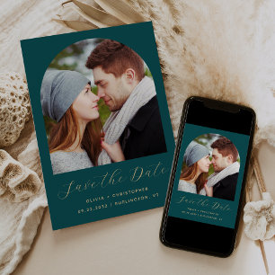 Minimal Boho Photo Arch Teal Blue Gold Script Save The Date