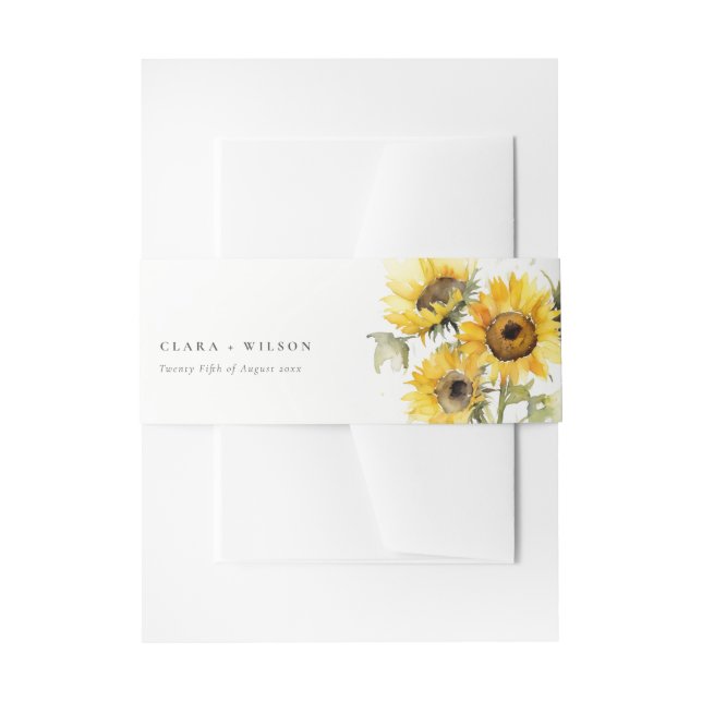 Minimal Boho Watercolor Sunflower Rustic Wedding Invitation Belly Band (Front Example)