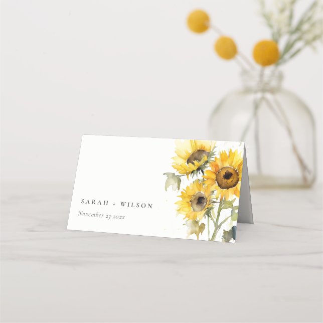 Minimal Boho Watercolor Sunflower Rustic Wedding Place Card (Front)