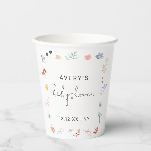 Minimal Boho Wildflower Frame Baby Shower  Paper Cups (Front)