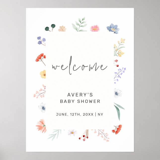 Minimal Boho Wildflower Frame Baby Shower Welcome Poster (Front)