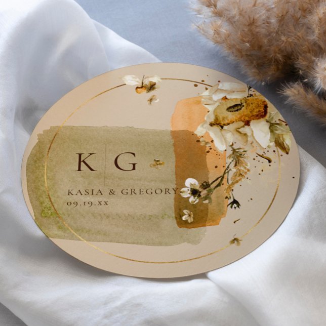 Minimal Boho Wildflowers | Wedding Monogram Classic Round Sticker (Creator Uploaded)