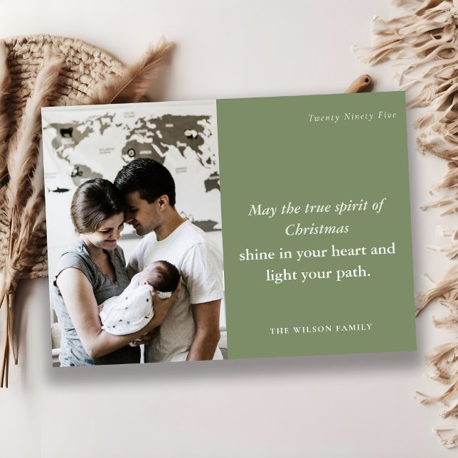 Minimal Bold 1 Photo Dusky Green Christmas Spirit Holiday Card (Creator Uploaded)
