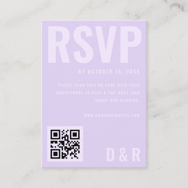 Minimal Bold Lilac Lavender QR Code Wedding RSVP Enclosure Card (Front)