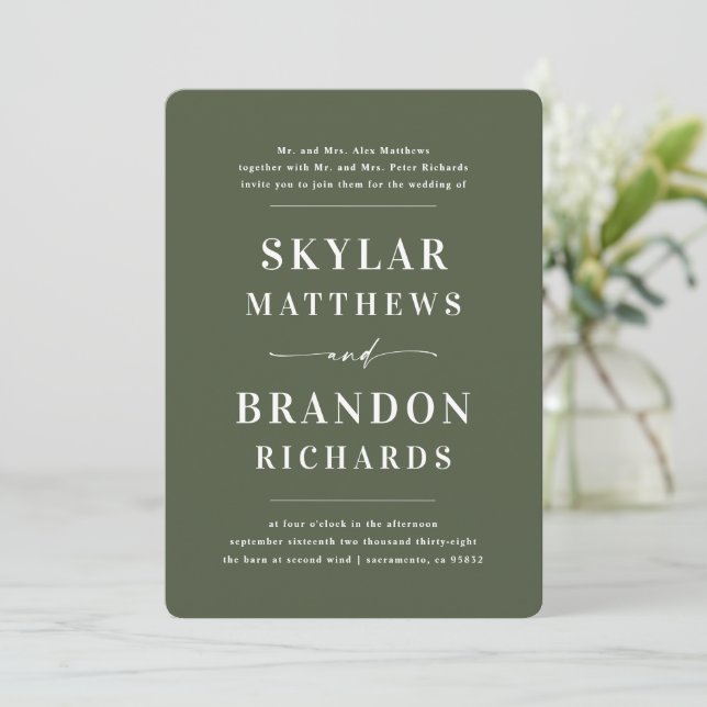 Minimal Bold Names Monstera Green Simple Wedding Invitation (Standing Front)