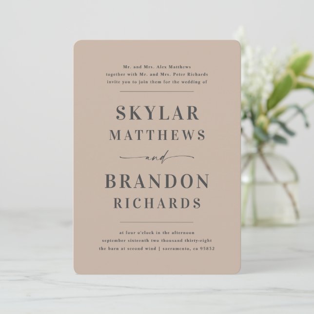Minimal Bold Names Taupe Beige Simple Wedding Invitation (Standing Front)