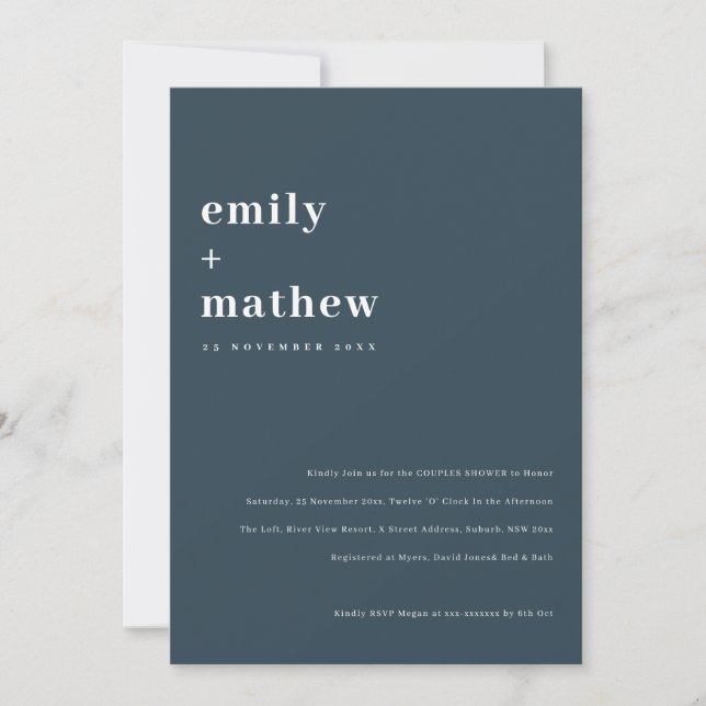 Minimal Bold Navy Blue Typography Couples Shower Invitation (Front)