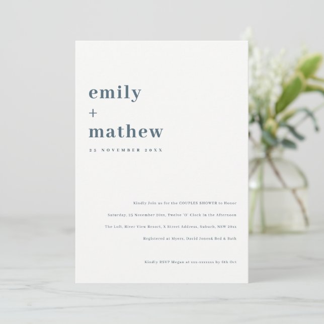 Minimal Bold Navy Blue Typography Couples Shower Invitation (Standing Front)